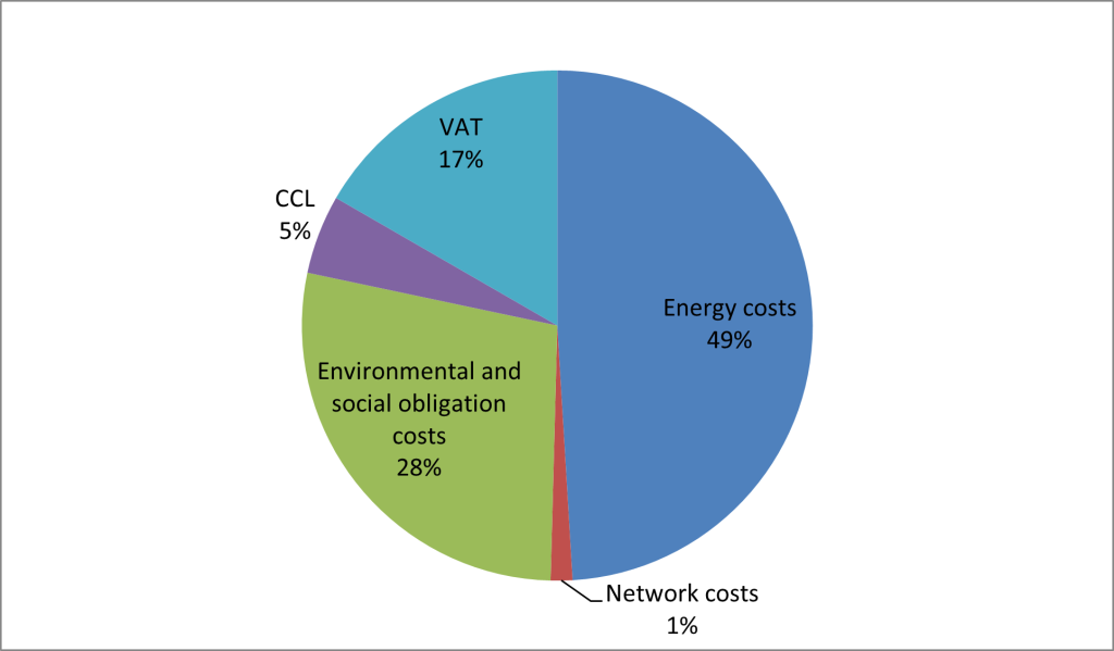 Energy costs 49%, Environmental and social obligation costs 28%, VAT 17%, CCL 5%, Network costs 1%